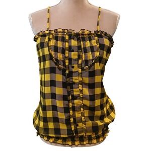 Fleurish size L Juniors Yellow Black Buffalo Plaid Ruffle Smocked Hem Cami Top